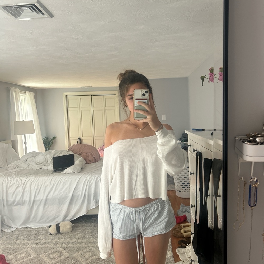 White off the shoulder waffle print long sleeve top